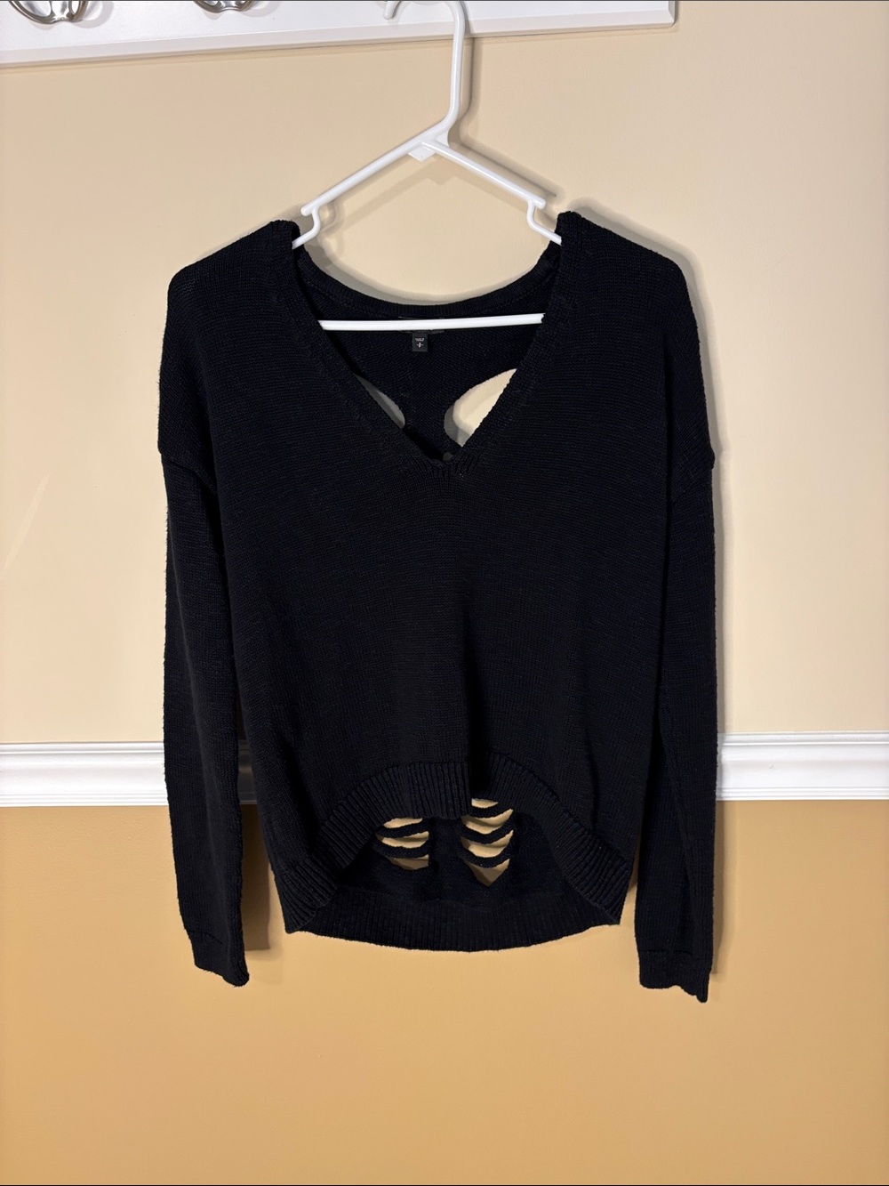 Express Black Distressed V-Neck Knit Sweater